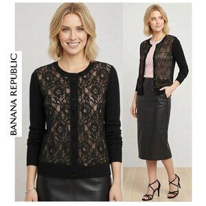 BANANA REPUBLIC -  black knit wool blend cardigan with front lace detailing